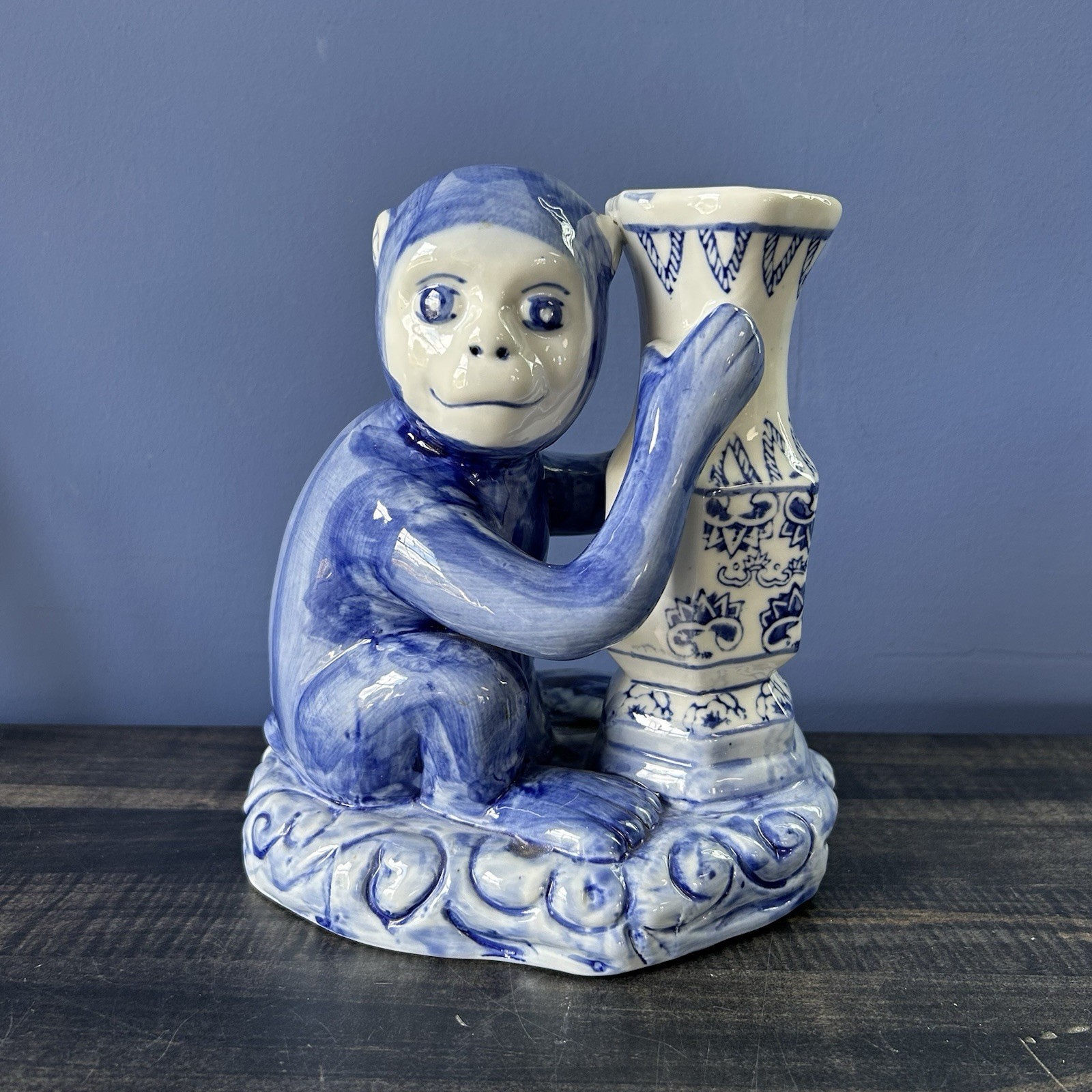 Vintage Chinoiserie Ceramic Monkey Vase Blue White Porcelain Sculpture Decor