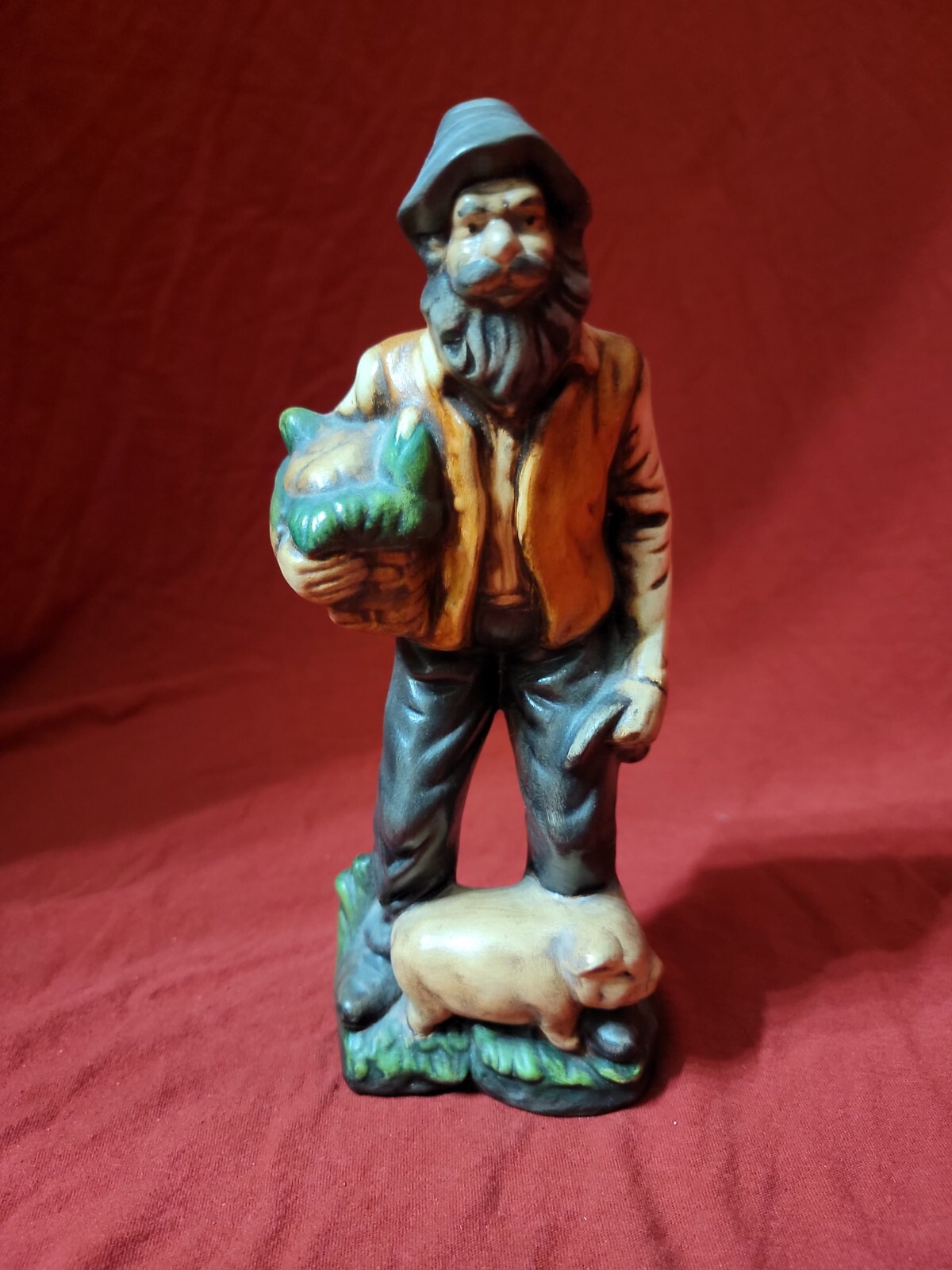 Nostalgic Vintage Bisque Ceramic Figurine Set, Old Man Farmer w/Pig and Old Lady
