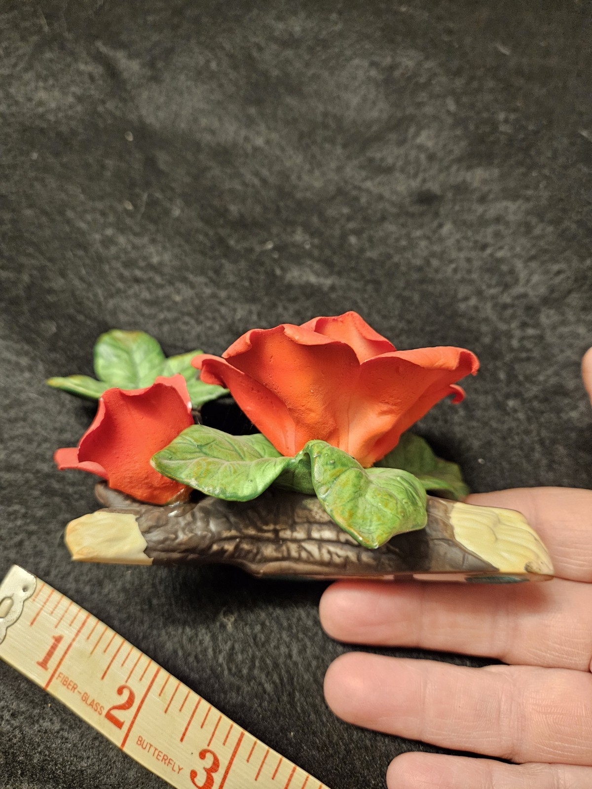 Vintage Porcelain Red Rose Figurine on Branch Hand Painted Matte Bisque Tiawan