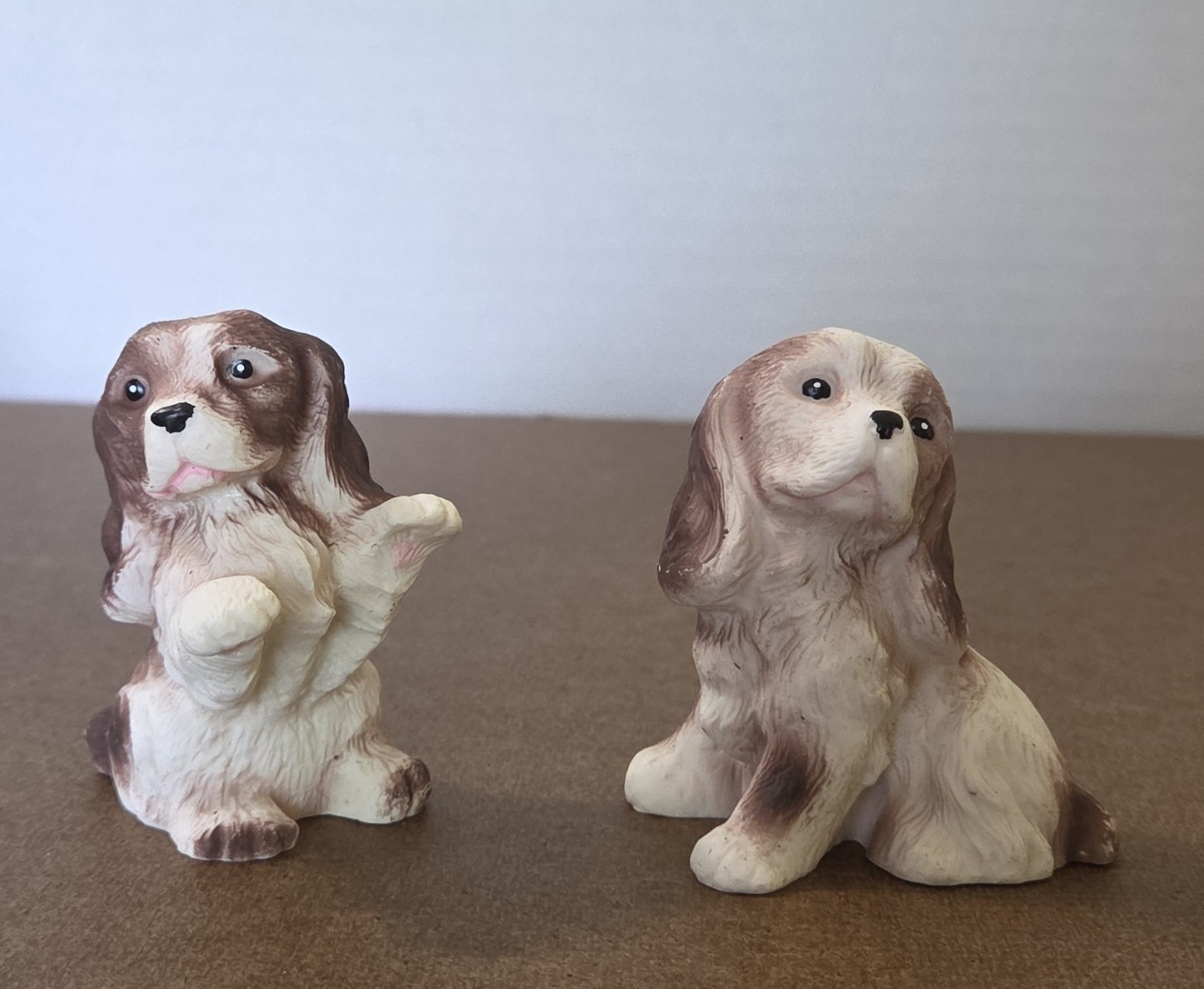 VintageCeramic Painted Dog Figurines Set of 2 Brown/White Puppies Shelf Sitter