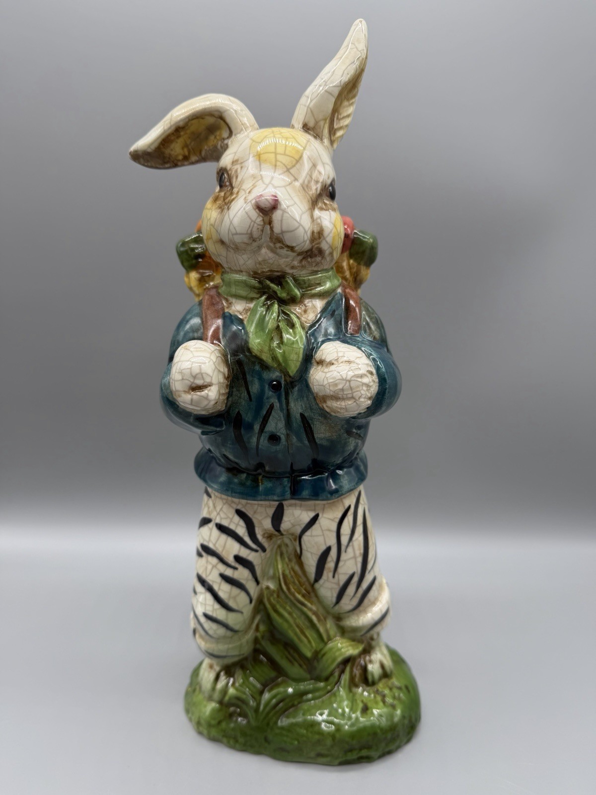 Vintage Ceramic Standing Crackle Rabbit Bunny Traveler w/ Basket Figurine Statue
