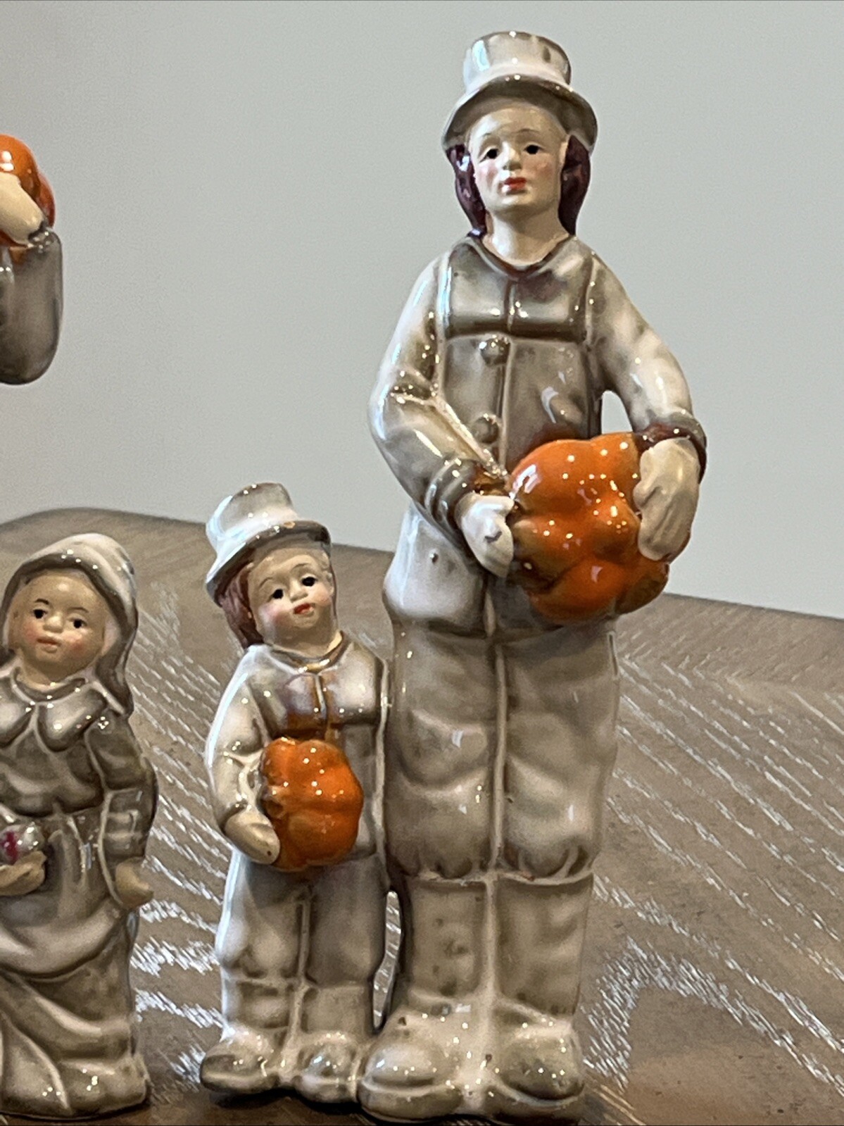 Thanksgiving Porcelain Figurine Pilgrim Family Holding Pumpkin Corn 7” Set Of 3
