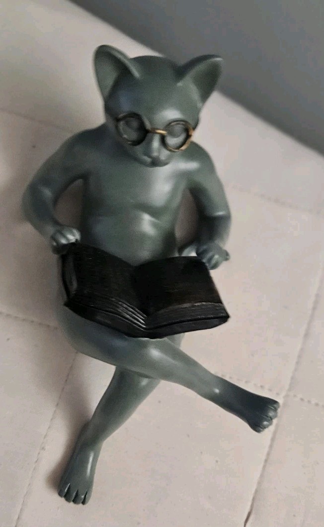 Literary Cat Resin Figure Statue Lounging Out Reading Book Cute