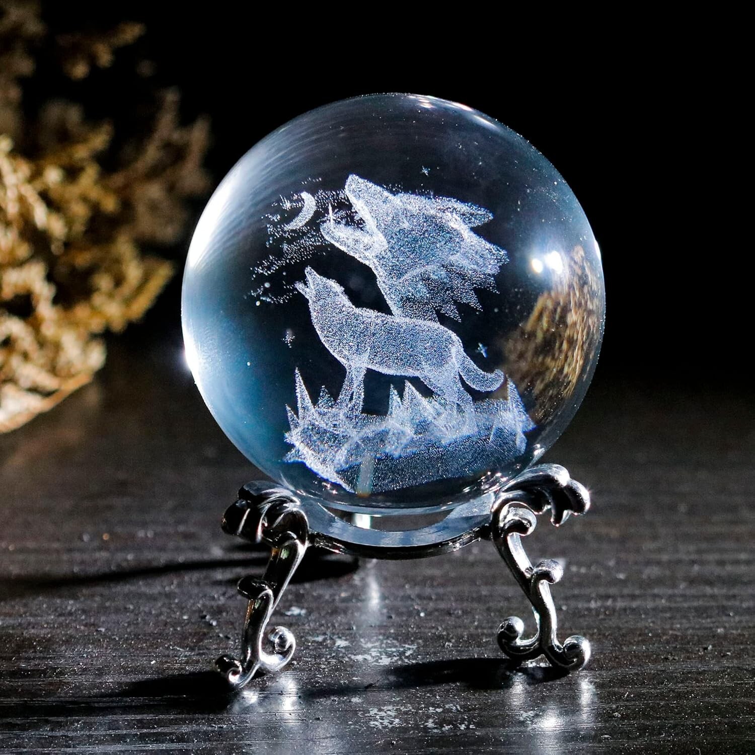 2.36in 3D Laser Crystal Howling Wolf Figurine Crystal 2.36″D x 2.36″W x 2.35″H