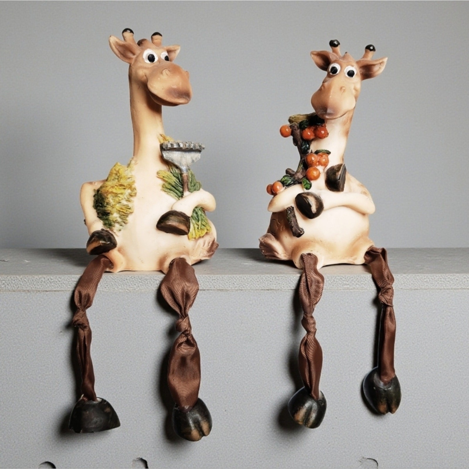 Set of 2 Giraffe Gardening Shelf Sitters Cute Home Decor Whimsical