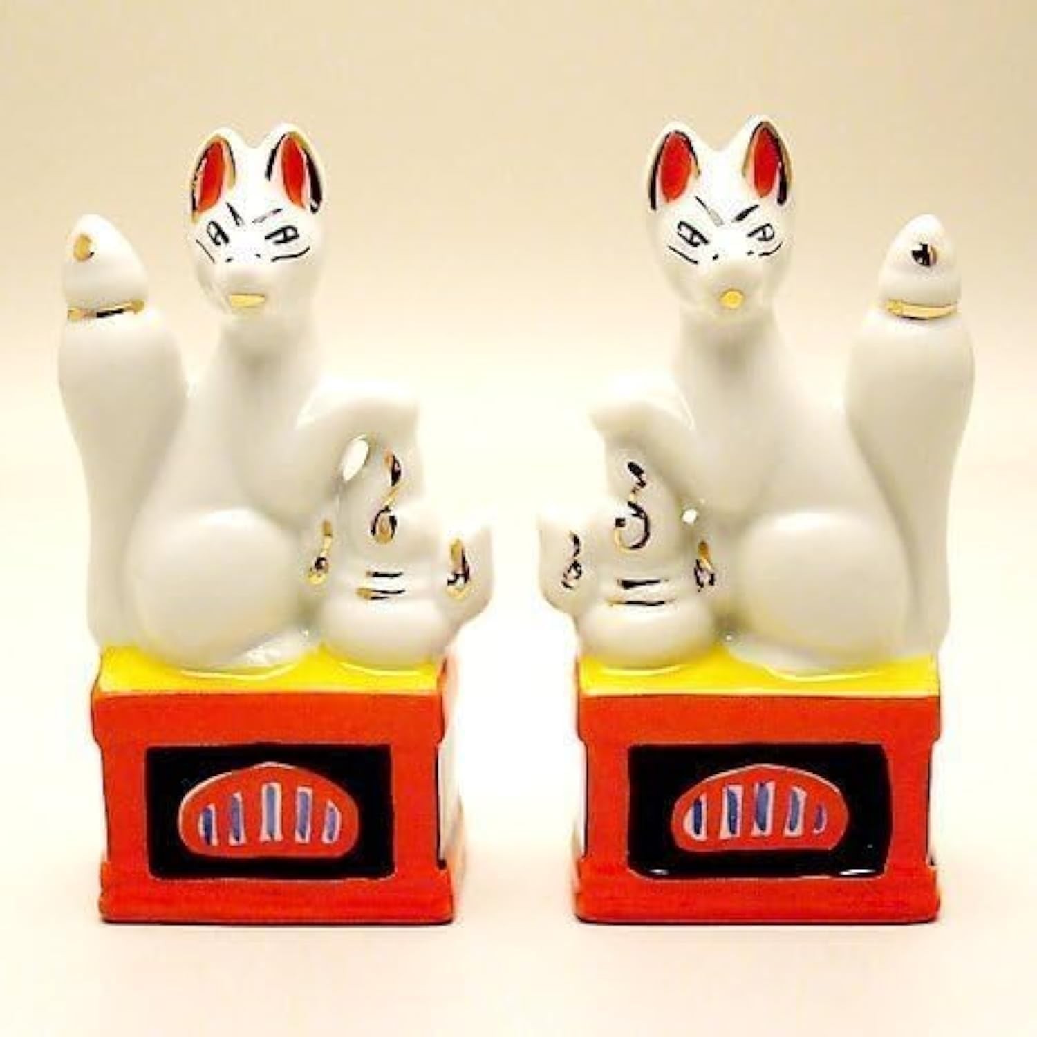 Made in Japan Inari Shinto Shrine Sacred Foxes Pair Miniature H3.54 Ceramic f…