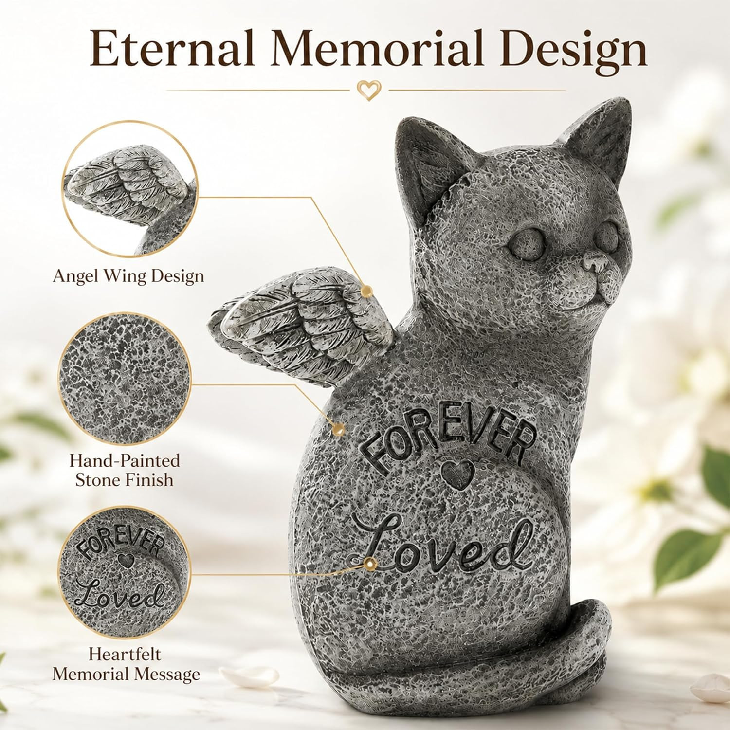 Angel Cat Memorial Figurine, Forever Loved, Gray Polyresin, Hand Painted, Waterp