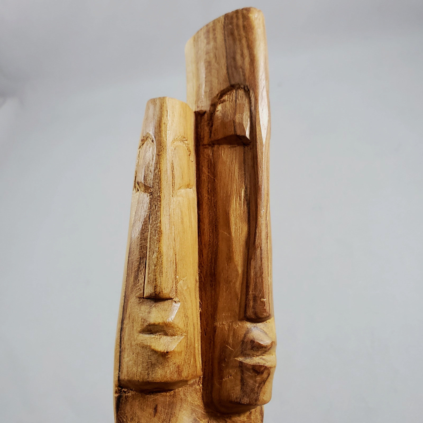 Hand Carved Wood Dual Long Faces Statue Fiji? Young Lovers Tiki Vintage Grain