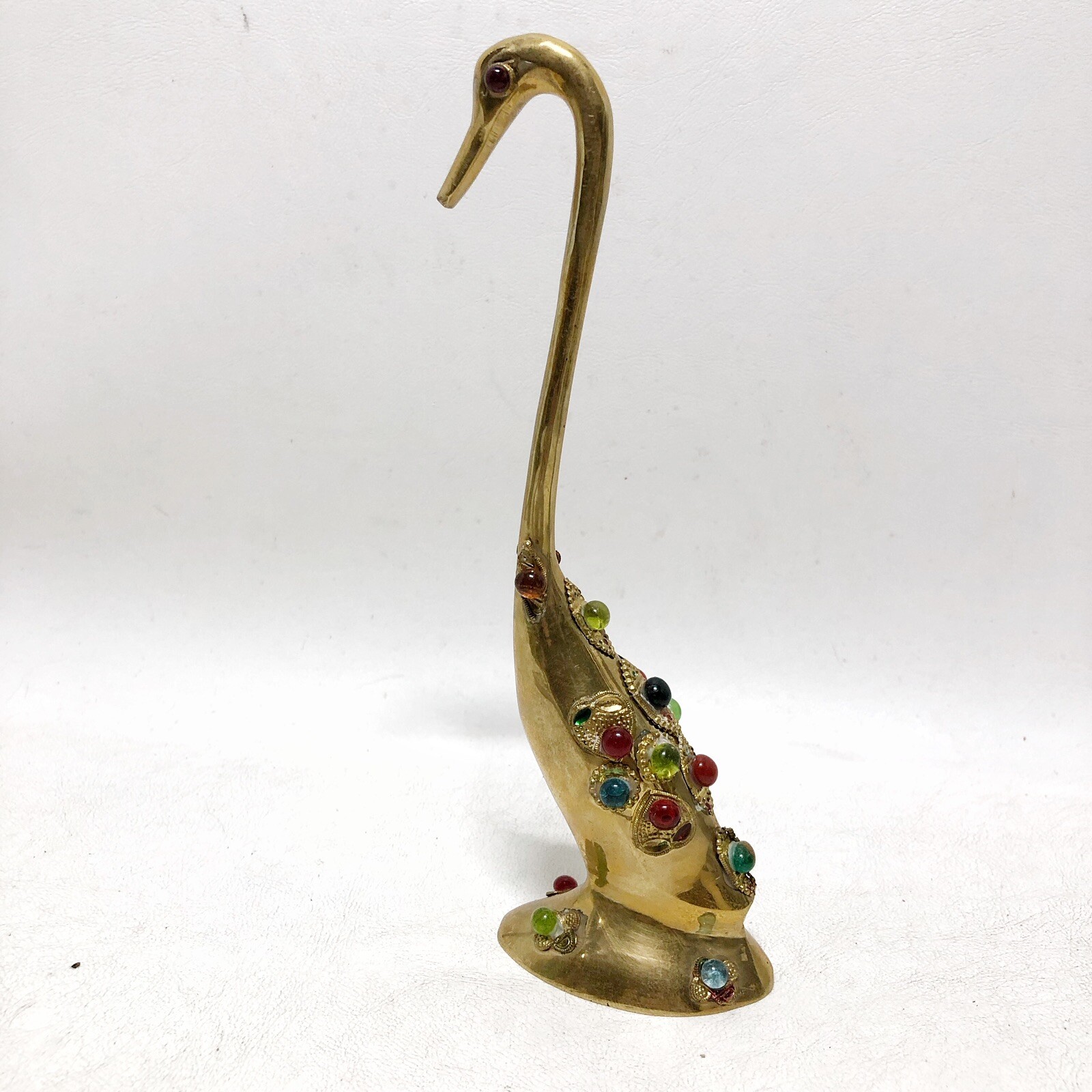 Brass Peacock Figurine Statue Paper Weight With Jeweled Stones 8 Inches