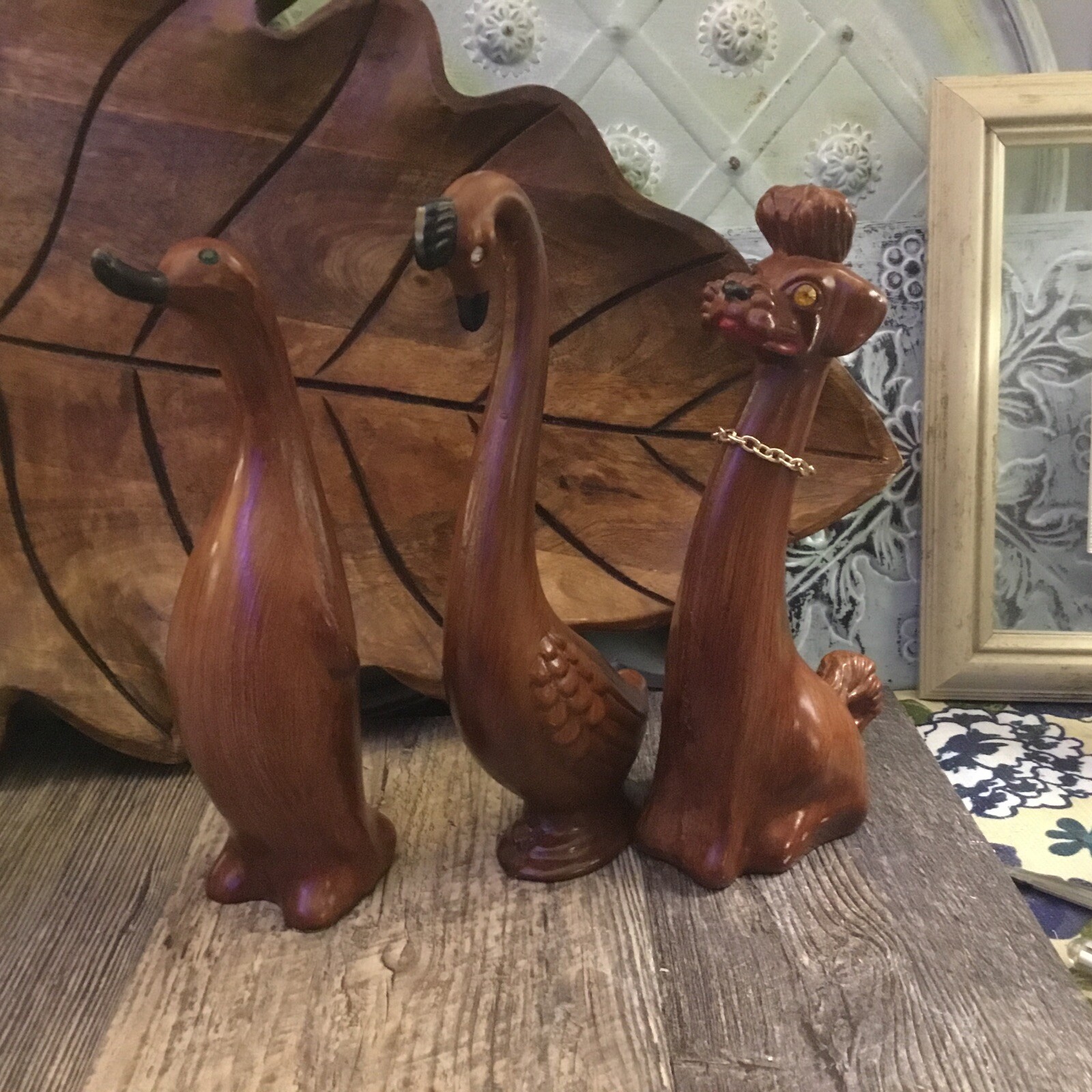 Trio MCM MID-CENTURY MODERN WOOD 1960’S POODLE Duck Swan FIGURINES Bohemian