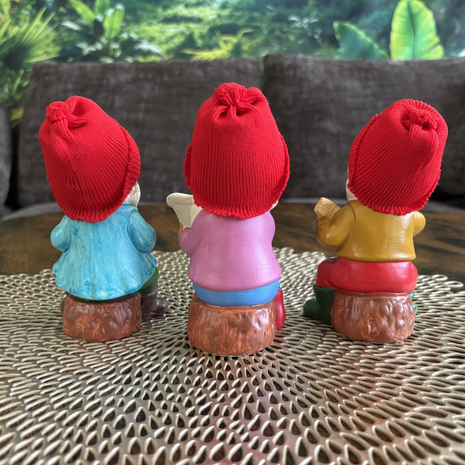 Vintage Figurines 3 Gnomes Playing Instruments Knitted Hats 5”