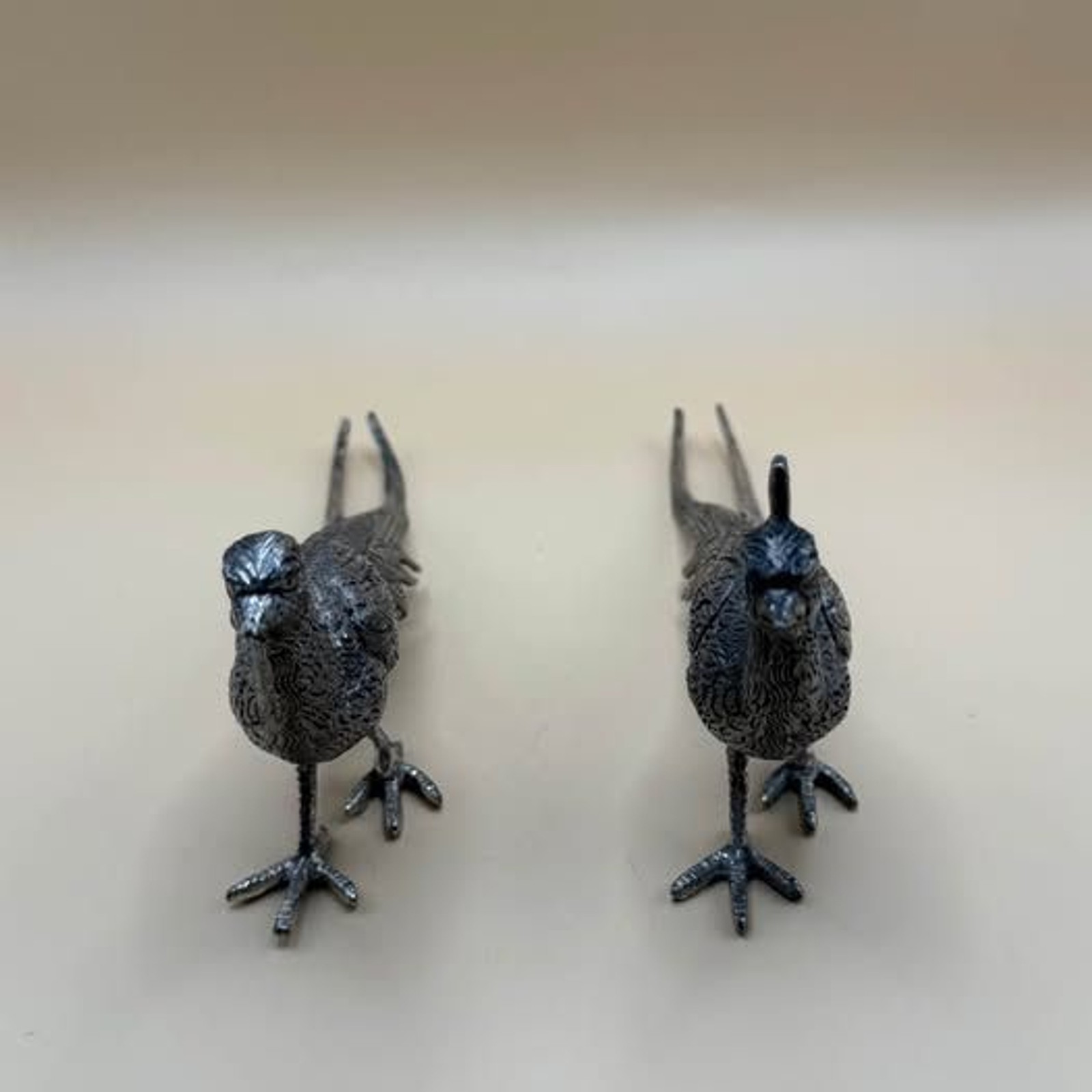 Vintage Midcentury Rooster and Hen Pair of Pewter Pheasant Figurines
