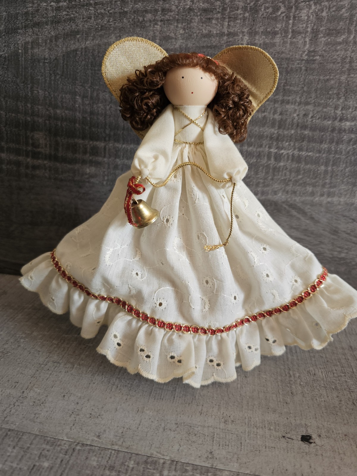 Primitive Wood Angel With Wings And Bell 8″ Country Folk Art Table Shelf Decor