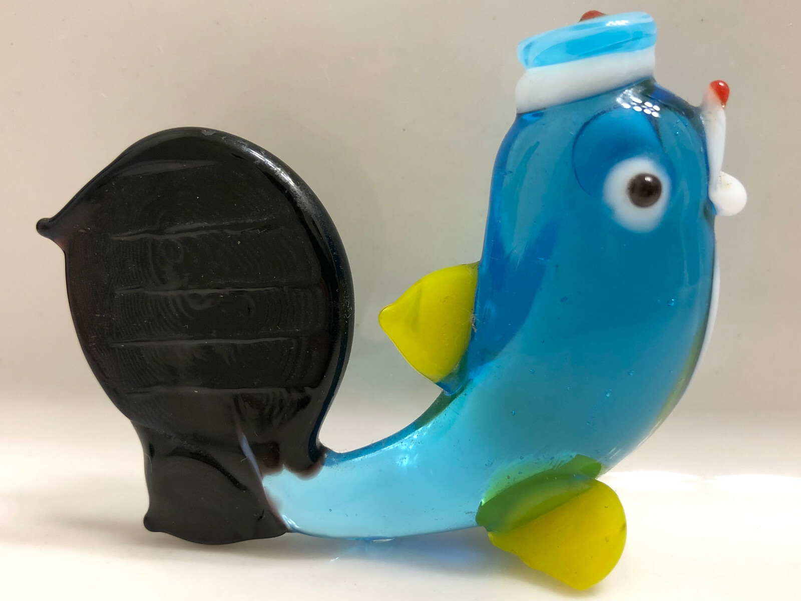 Colorful Blown / Lampwork Glass – Blue Yellow Dolphin with Hat and Wave Figurine