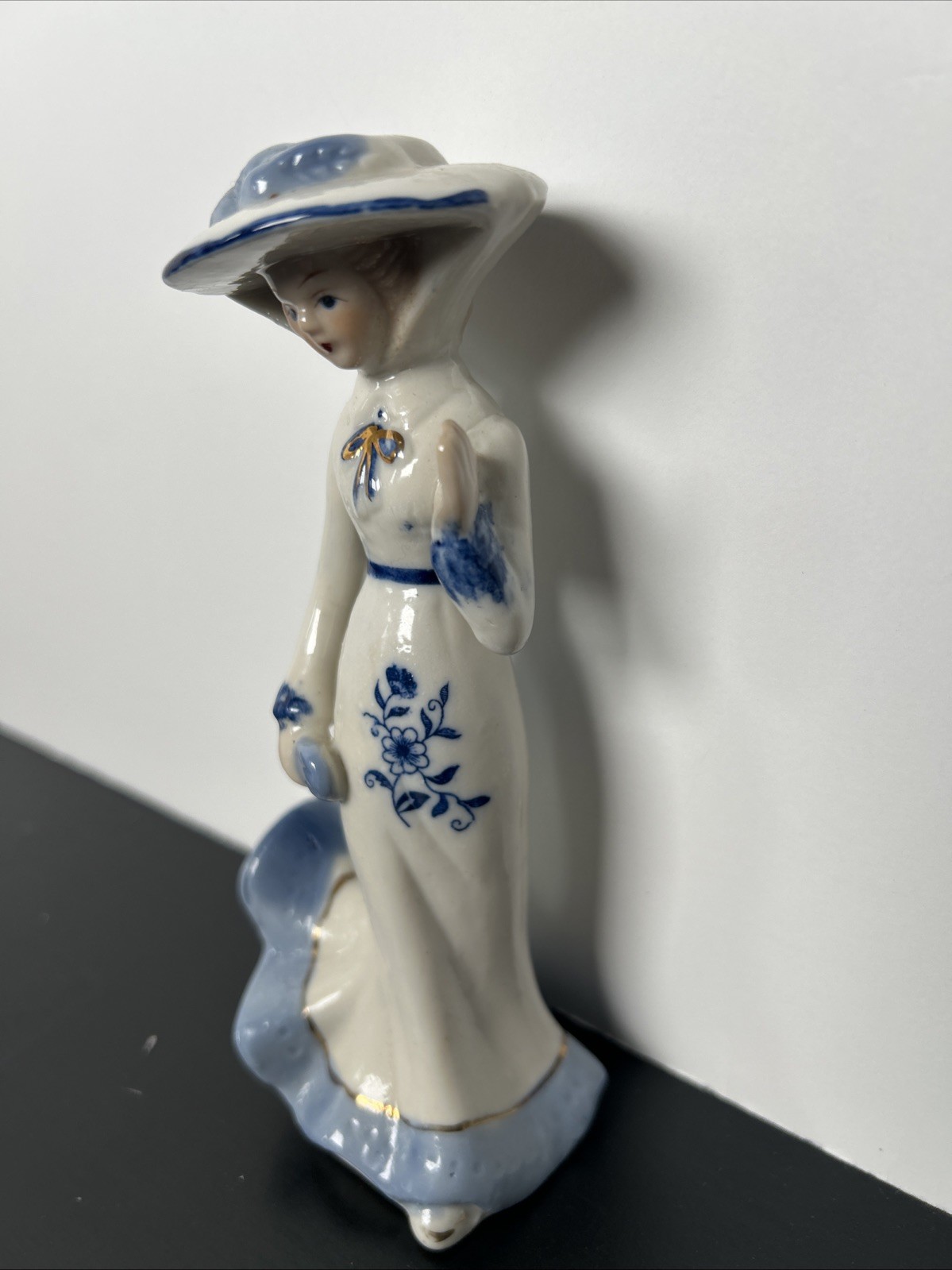 Vintage Victorian Lady Ceramic Figurine in Blue and White