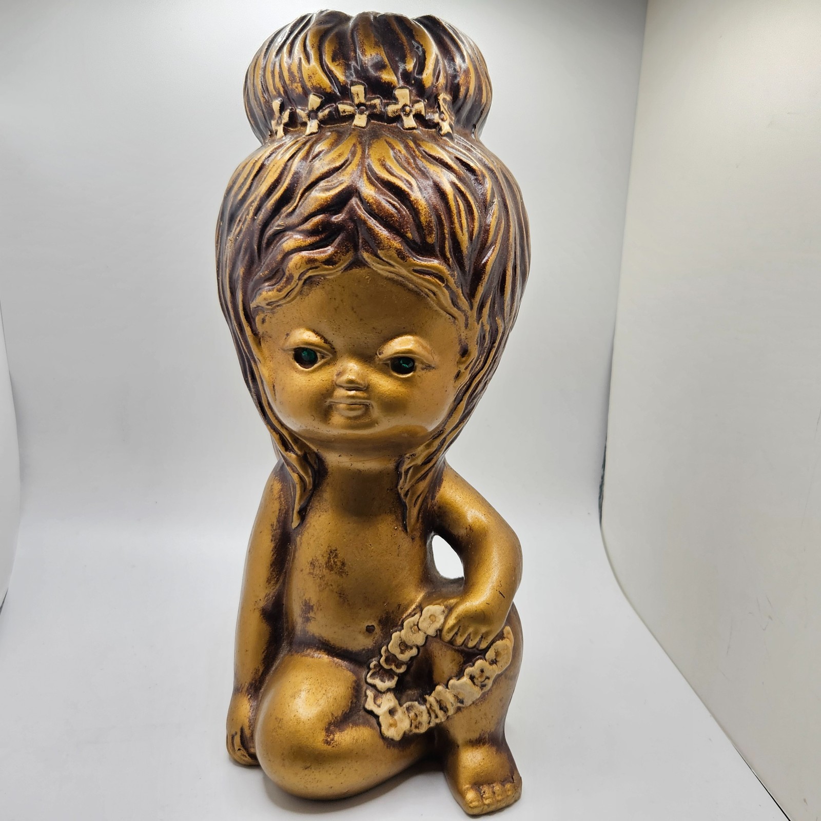 Vintage MCM Japan Angel Cherub Figurine Gold Brown Ceramic Green Eye Statue