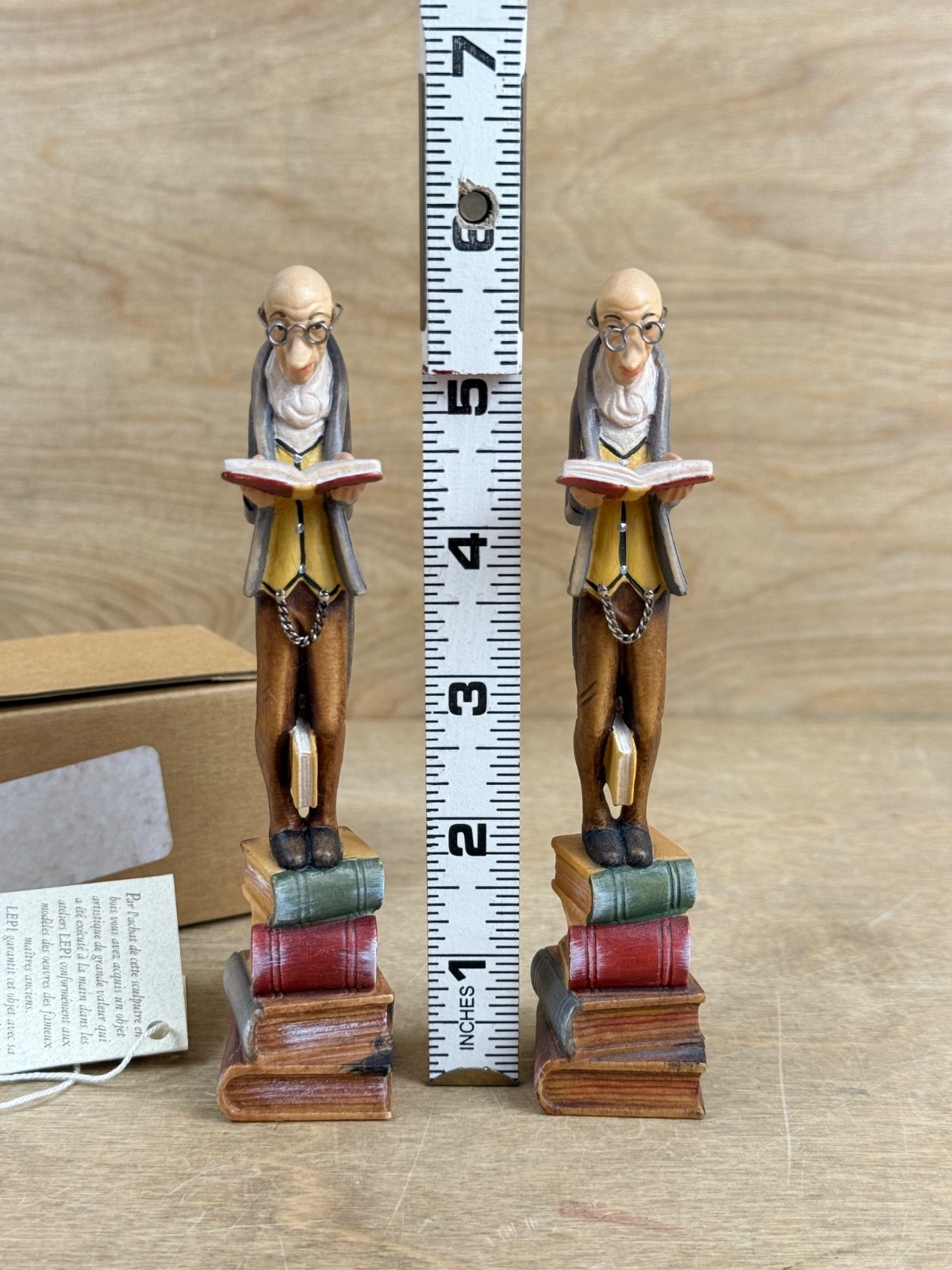 Pair Original Lepi Woodcarving Reader Sculpture Book Man Prinoth Leo Italy 6″