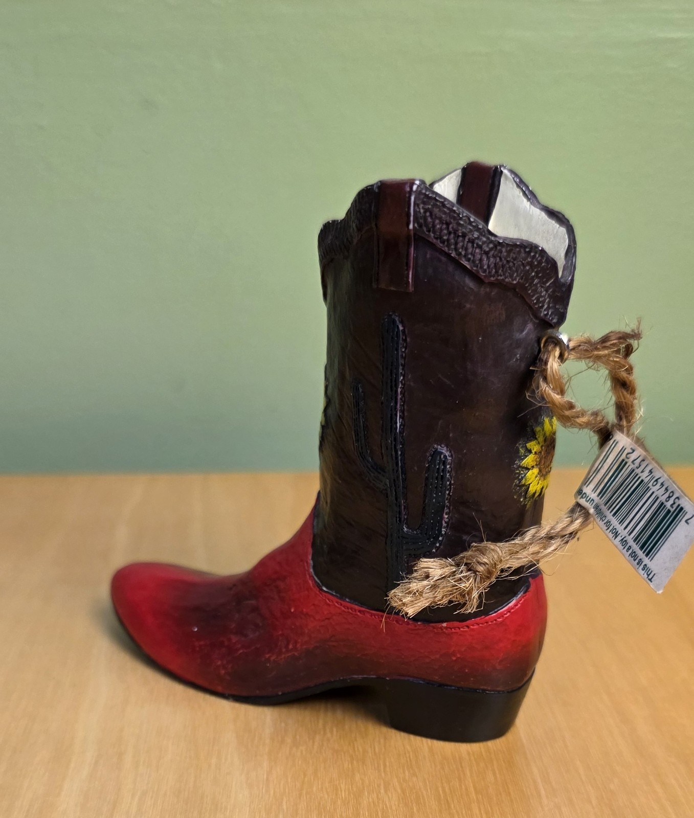Resin Red & Brown Cowboy Boot Figurine – Cactus & Sunflower