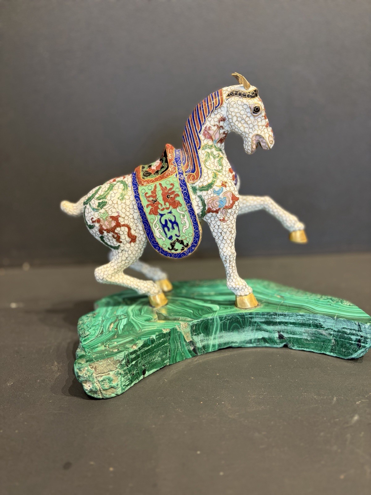 Hand-Painted Multicolor Metal Horse Figurine on Green Base, 1 Pack