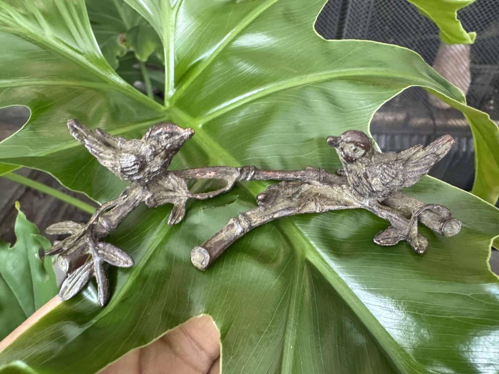 Metal Bronze Bird Figurine on Branch Antique Finish Animal Sculpture Any Room