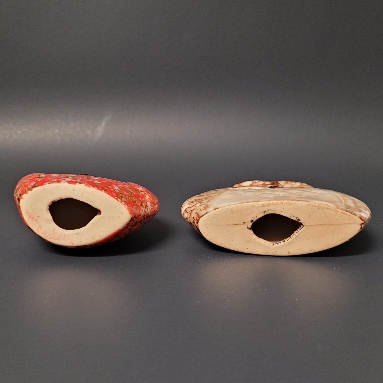 Set of 2 Small Ceramic Owls with Speckled Glaze Red Orange Brown Tan 3″ Tall