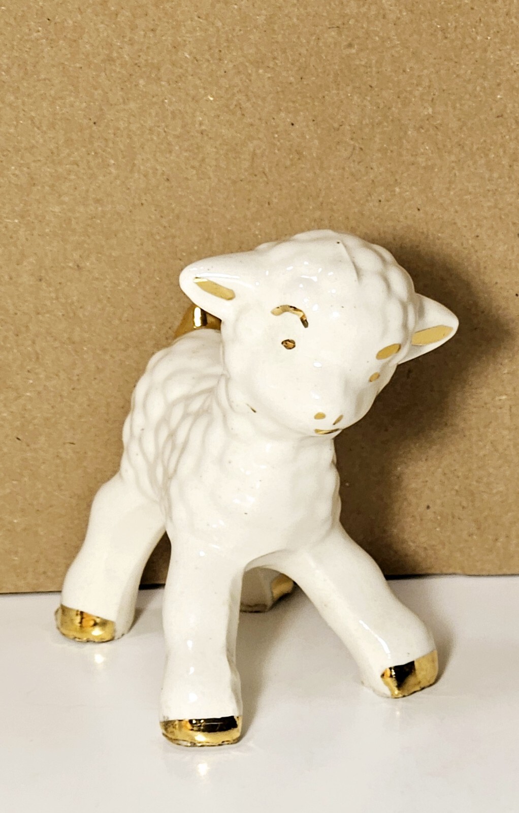 Vintage 1950s Collectible Porcelain/Ceramic Baby Lamb W/ 24kt Gold Trim 3.75″ H