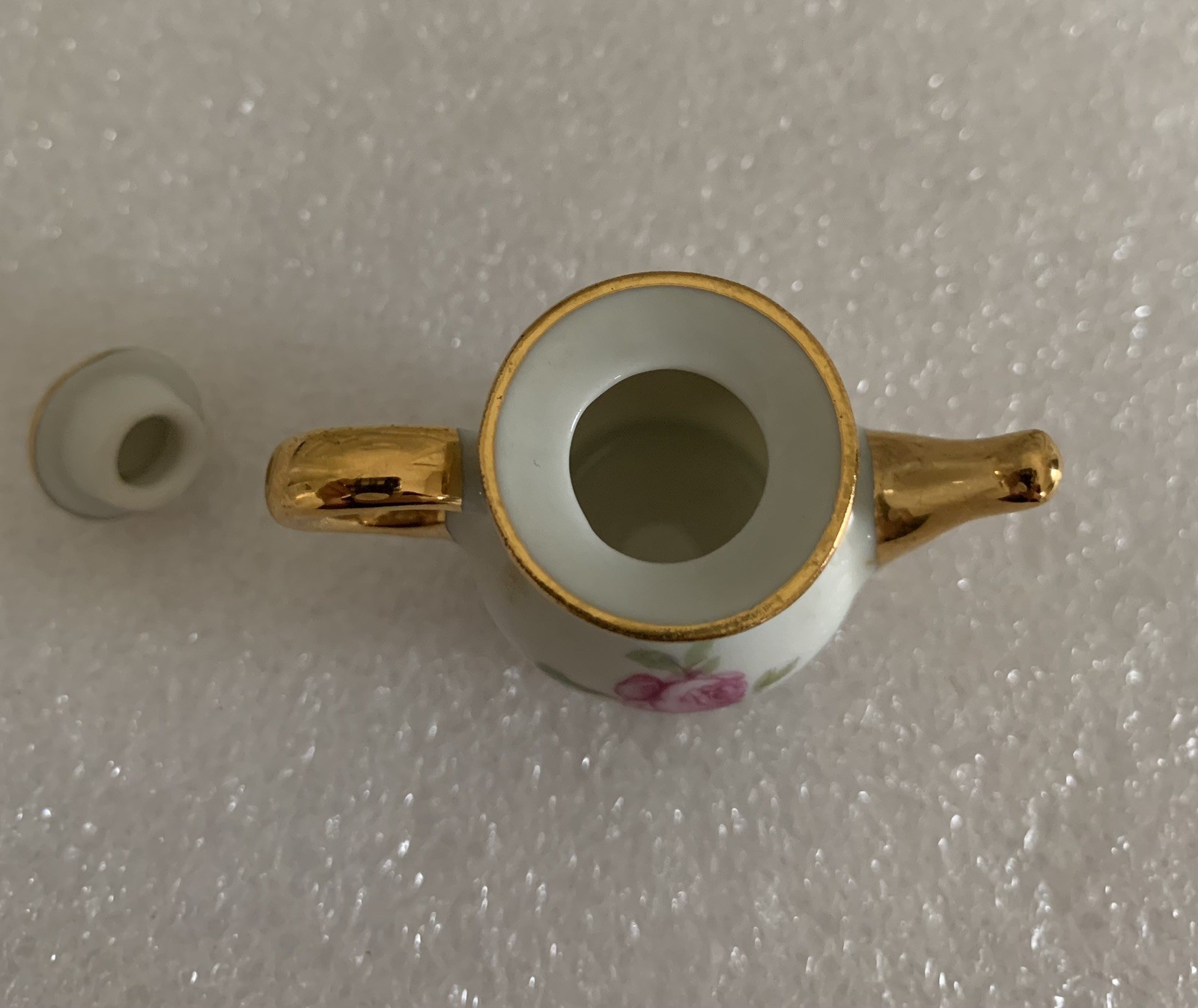 Vtg. Porcelain Miniature Teapot Limoges France Courting Couple Rose Gold Trim