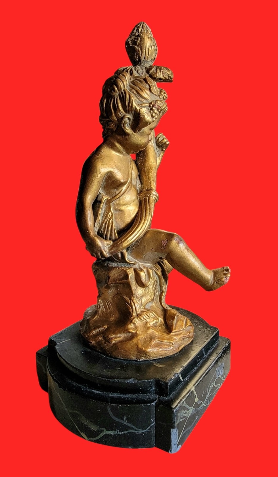 Antique Gold Gilded Bronze Putti Cherub Statue on Black Marble Plinth
