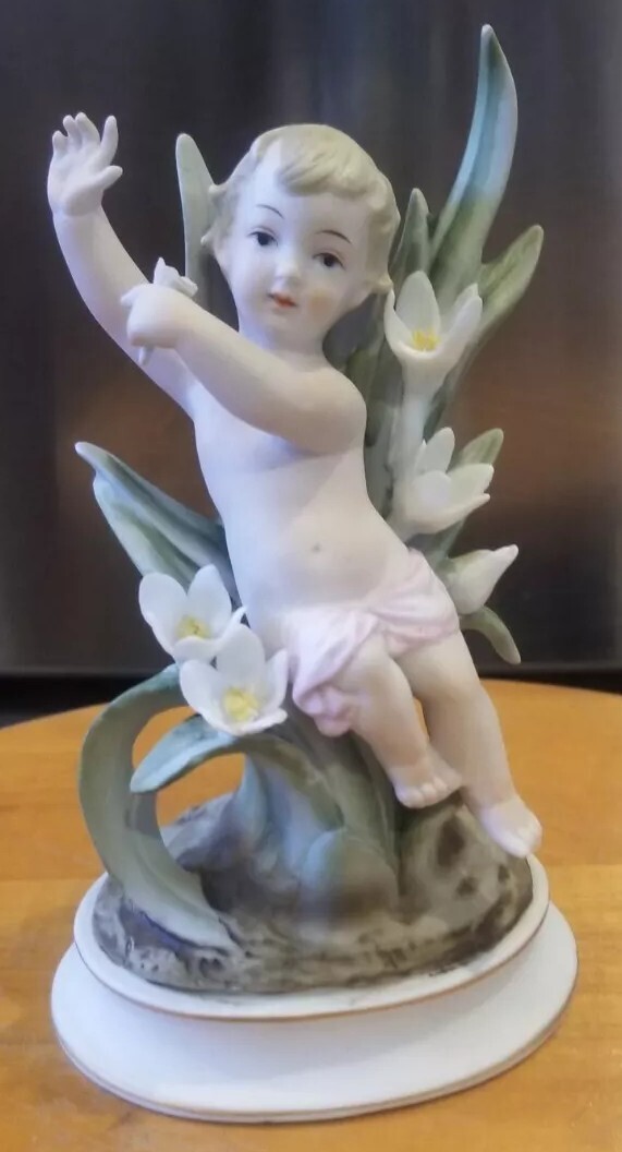 Bisque Porcelain Cherub Figurine Renaissance Look -S Candrea Numbered