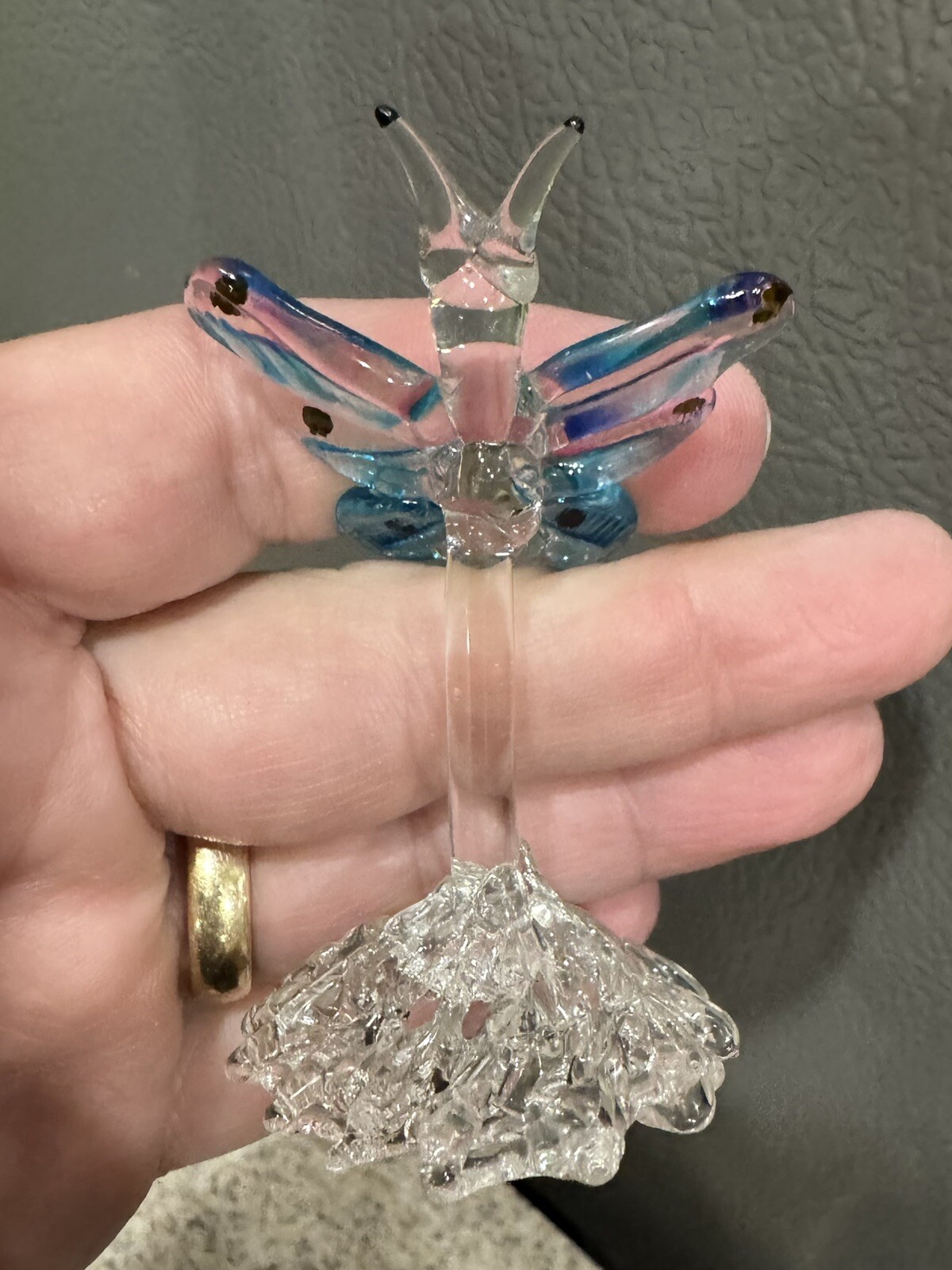 Miniature Butterfly Figurine Clear Blue Pink Spun Plastic 2.5” in EUC