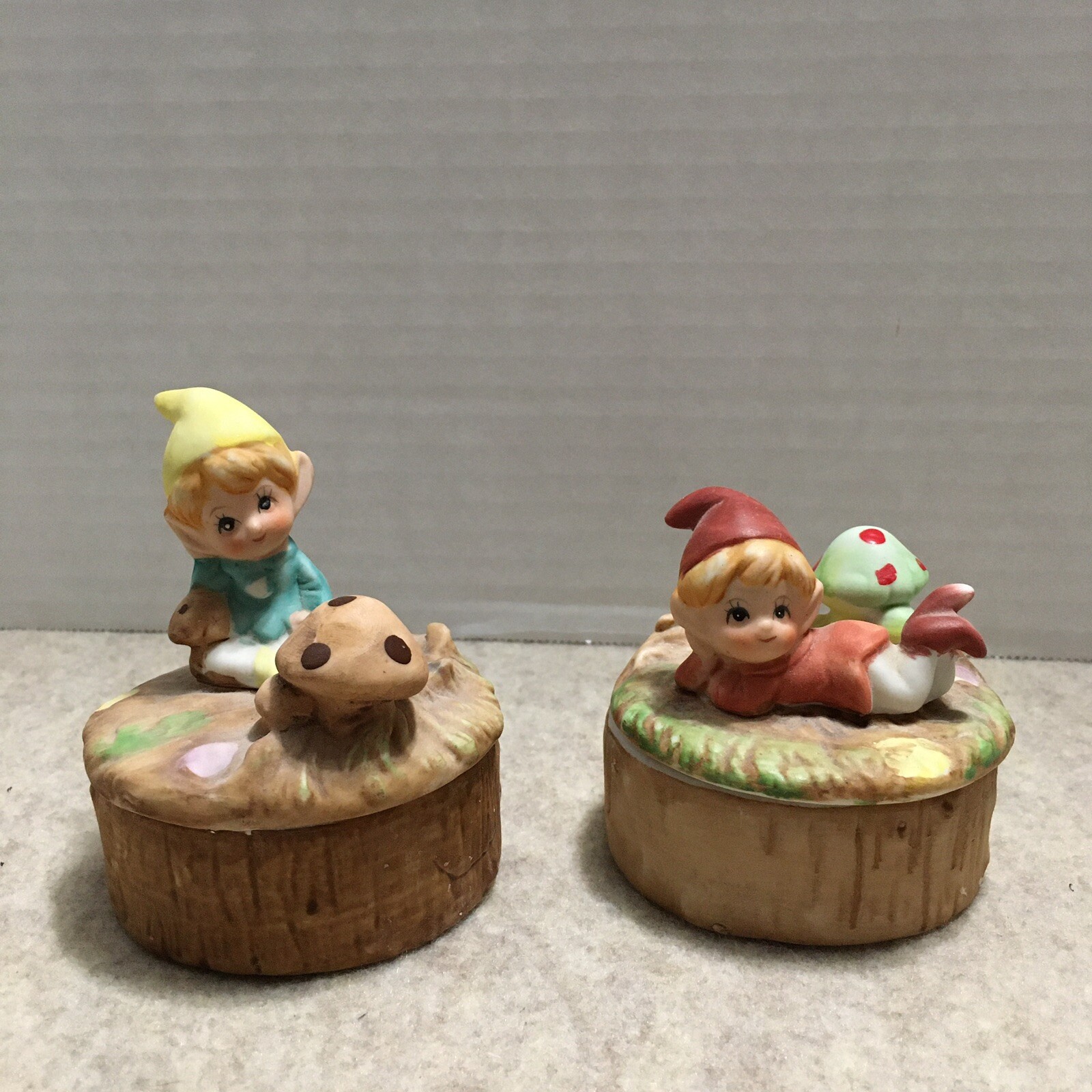 Lot of 2 Vintage Homco Pixie Elf Fairies Trinket Boxes #5404 Gnomes Mushrooms