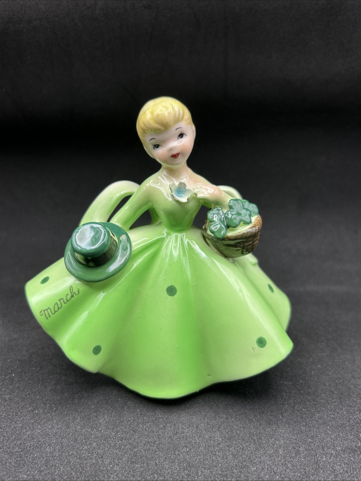 Vintage Lefton March Birthday Girl Figurine St Patrick’s Day 1853 Shamrock Japan