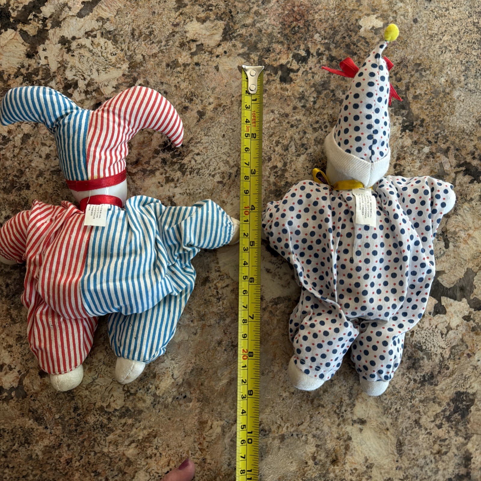 2 VTG Polka/Stripe Porcelain Head Clown Doll, Sand Body – 1 Eye Paint Missing.