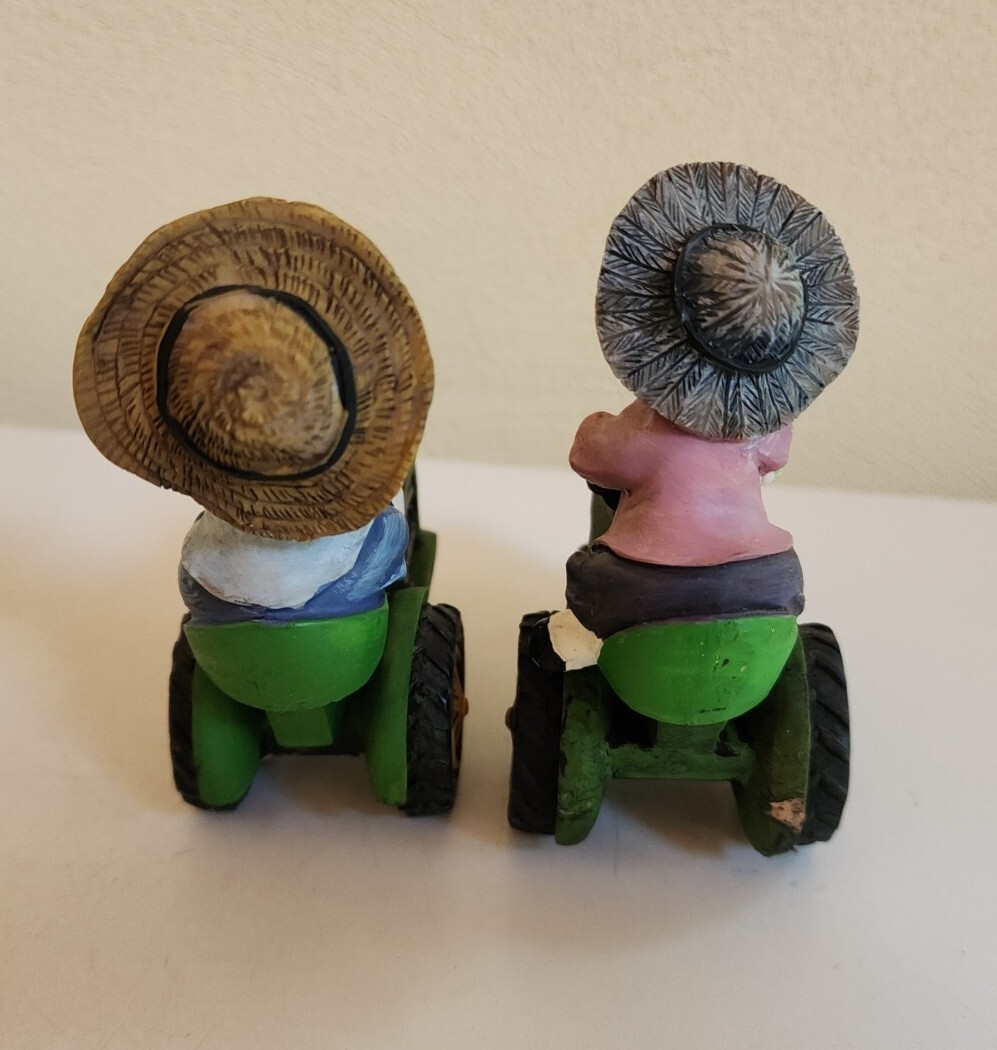 Pair Of Boy & Girl Cow Figurines Farmer John Deere Tractor 4″ Tall Resin