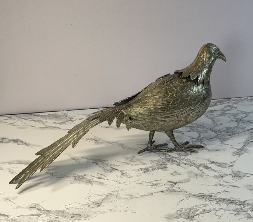 German Metal Pheasant Decanter Figurine Hinged Wings Stamped Germany Alpacca