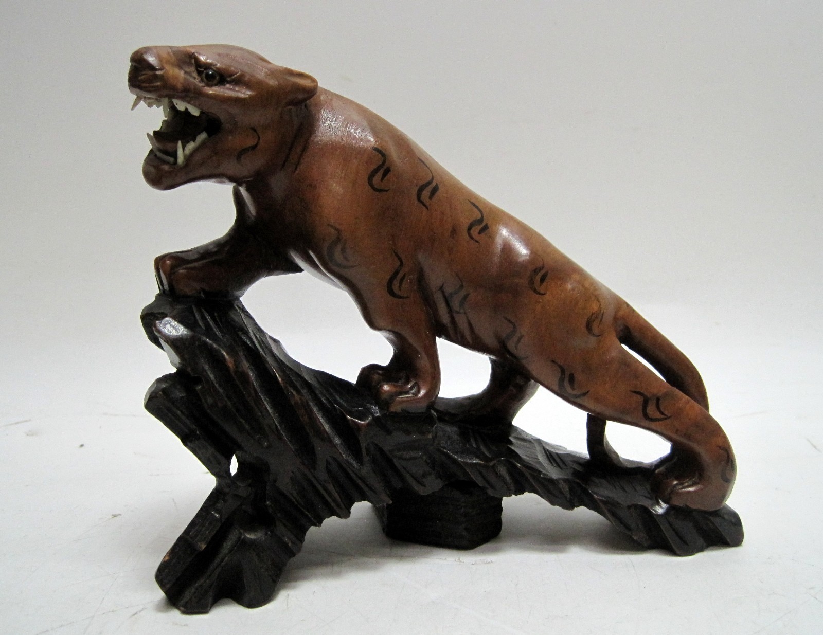 Antique Wood Carved Chinese Tigers Statue Redwood Vintage Glass Eyes Asian RARE