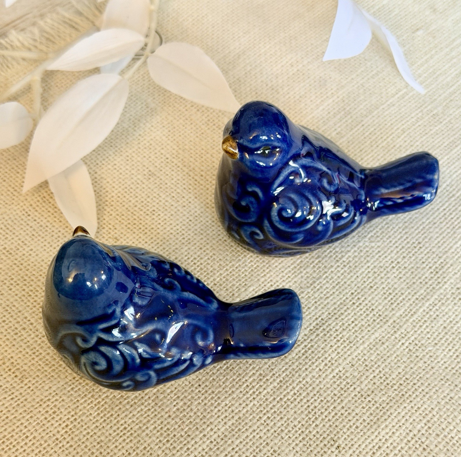 A Pair Of Blue Ceramic Bird Figurine Portugal Handmade Collectible 3.2″ Shelf