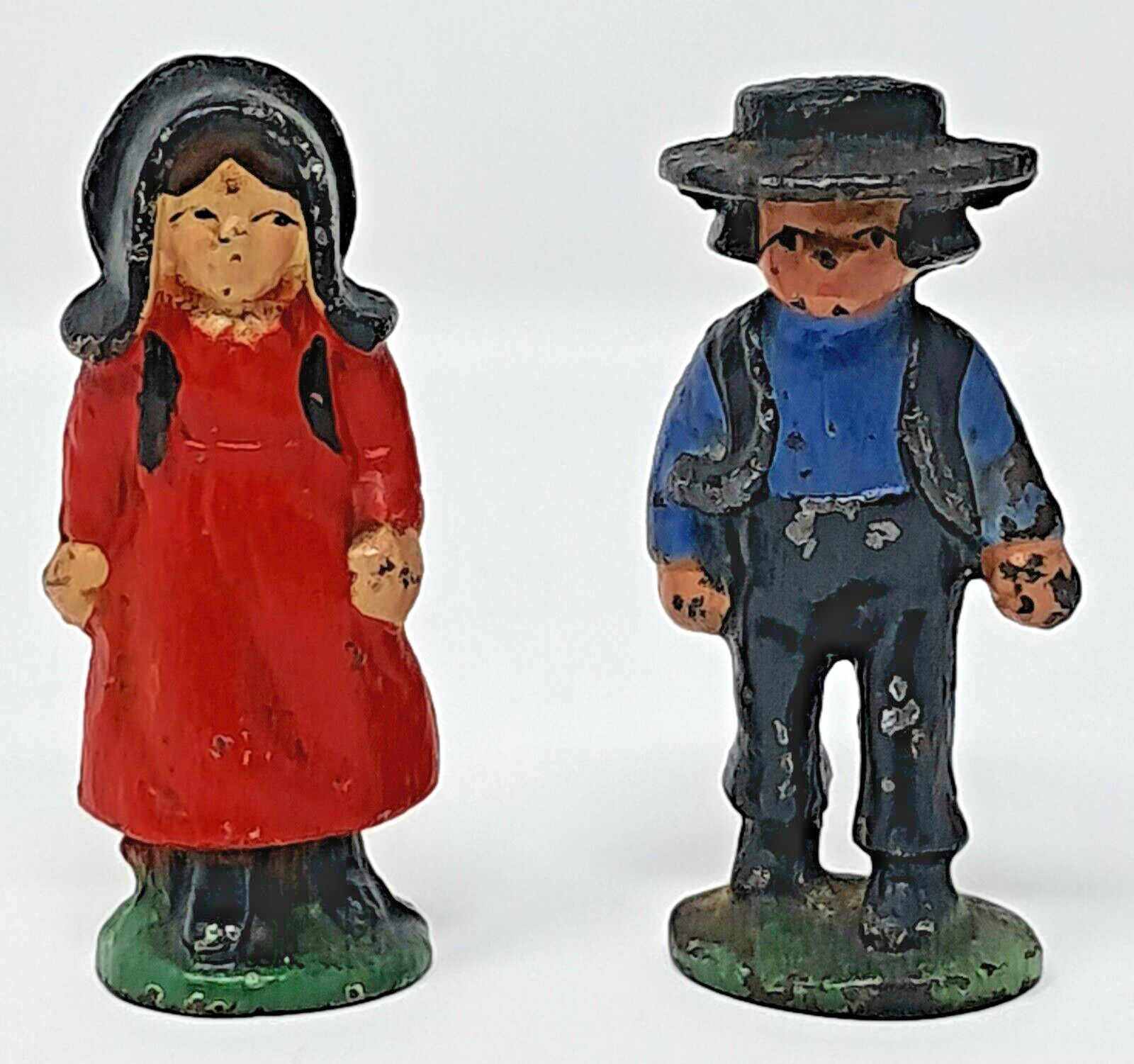 Cast Iron Figurines Man Woman Amish style painted 3″ tall blue black red