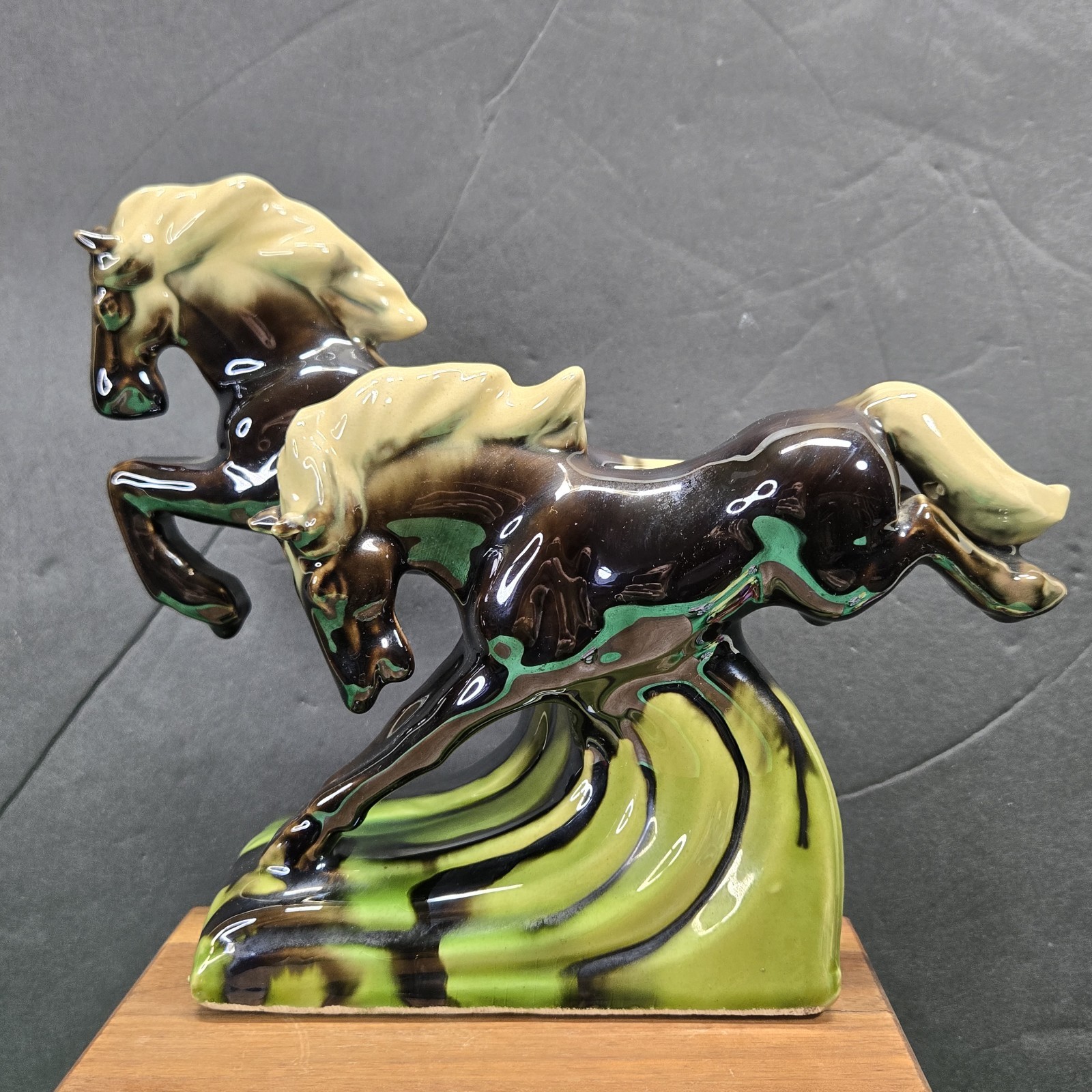 Double Horse Galloping Glazed Ceramic Figurine MCM Art Deco Black & Green Nice!!