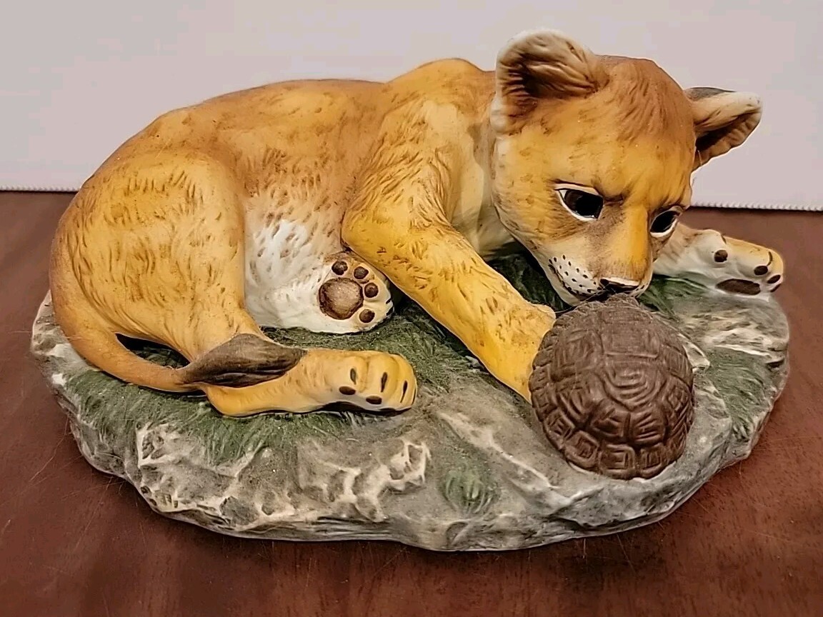 Vintage Homco Cheetah Cub and Turtle Masterpiece Porcelain Figurine 1985