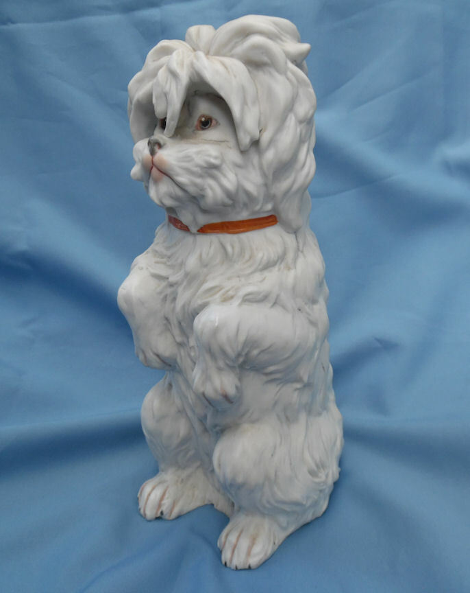 ANTIQUE GEBRUDER HUEBACH GERMAN PORCELAIN BISQUE BOLOGNESE DOG c.1892-1905