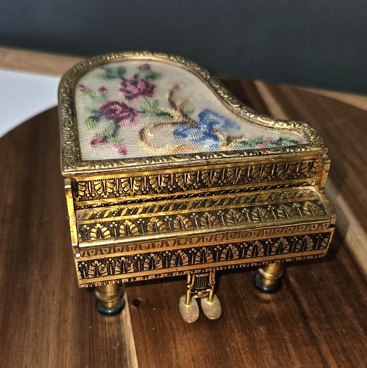 Vintage Reuge Miniature Austria Ornate Gilded Brass Metal Baby Grand Piano