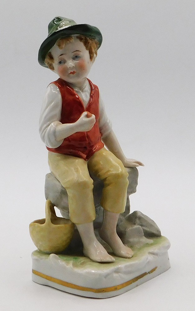 Vintage Antique German Hand Painted Porcelain Figurine of a Young Boy Marked