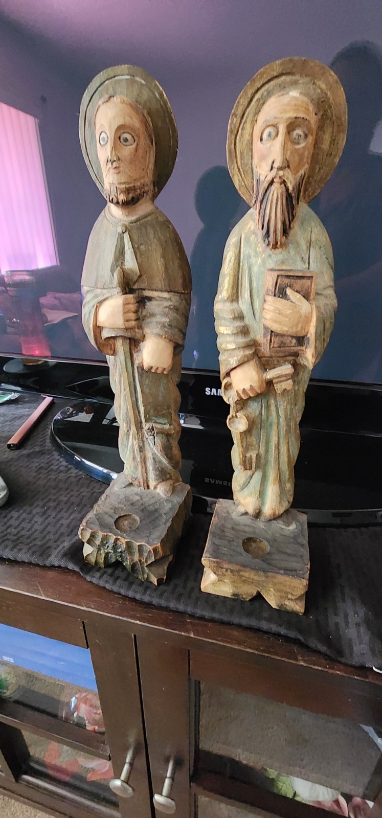 Old Antique Wood Religious Statues Hand Carved Set Of 2