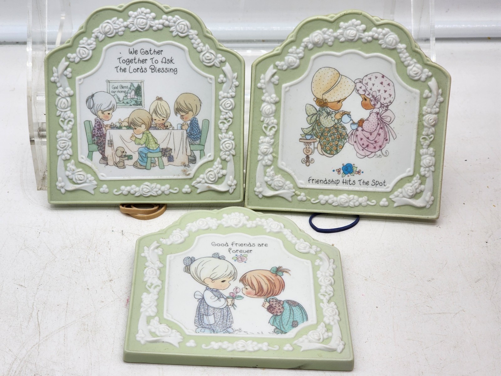3 1994 Precious Moments “Friendship” & The Lord Floral Ceramic Wall Plaques