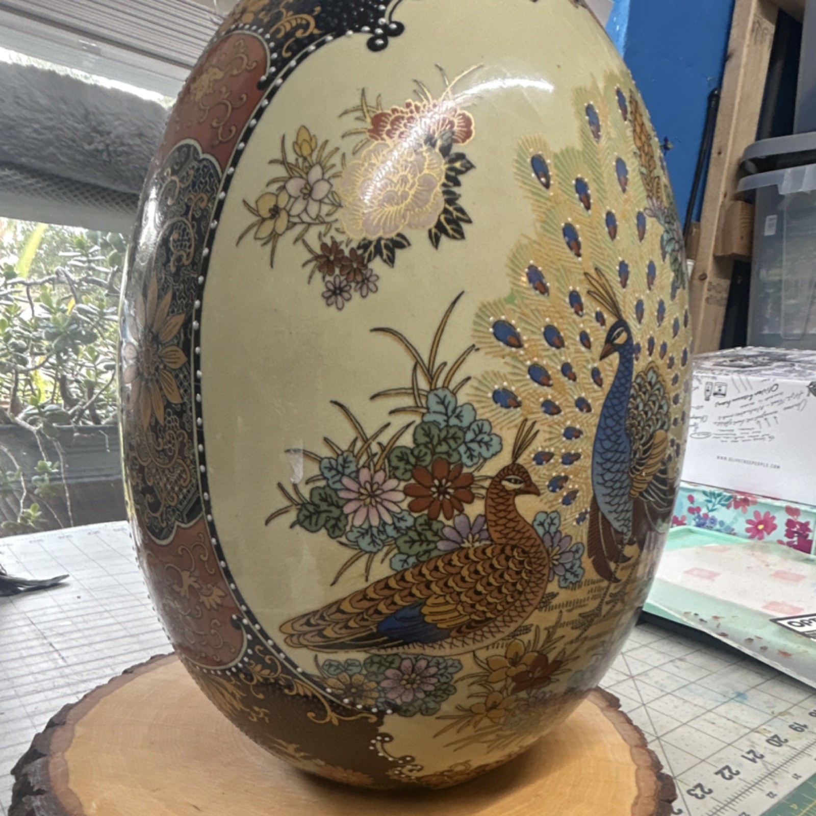 Hand-Painted Ceramic Decorative Egg Peacock & Floral Design Large 13 in