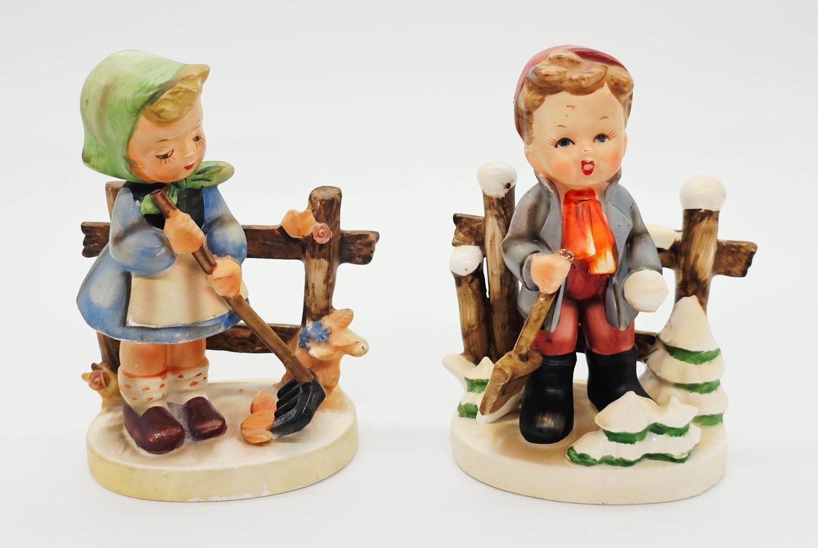 Girl & Boy Pair (2) Figurines Erich Stauffer (Hummel Style) #8218 Shovel, Rake