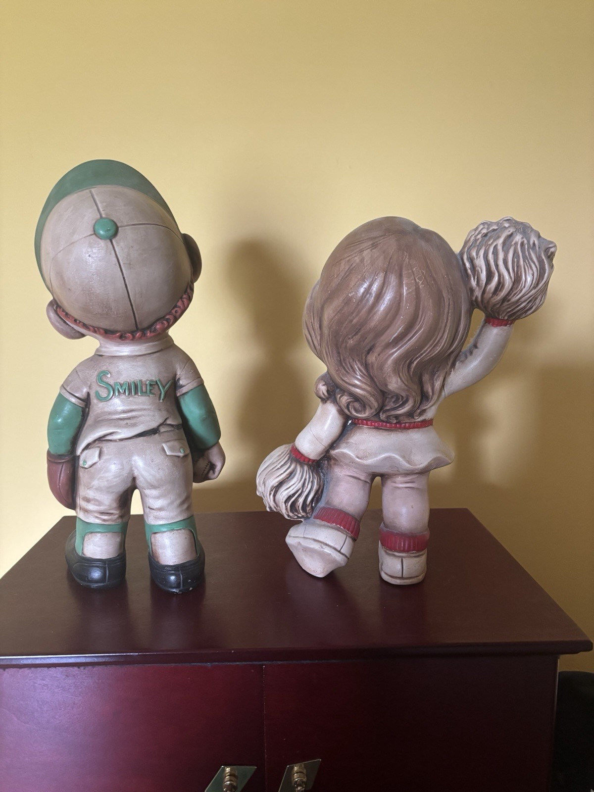 Vintage 1970s Painted Ceramic Baseball Boy & Cheerleader Figurines Set of 2