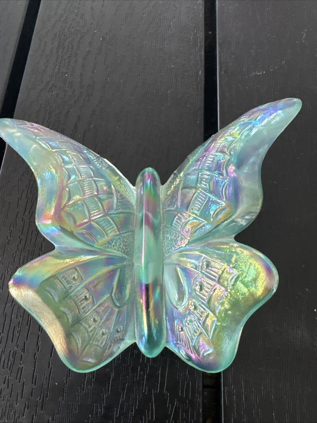 Fenton Opalescent Butterfly Blue Green Art Glass Iridescent Carnival 4”