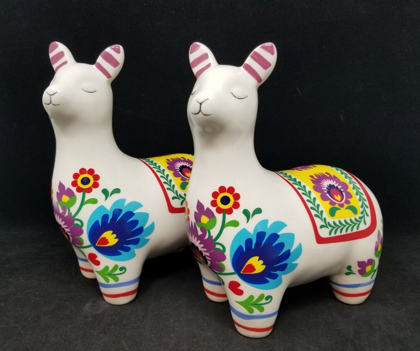 Lot of 2 Sleepy Llama Alpaca Colorful Ceramic Figurines South American Folk Art